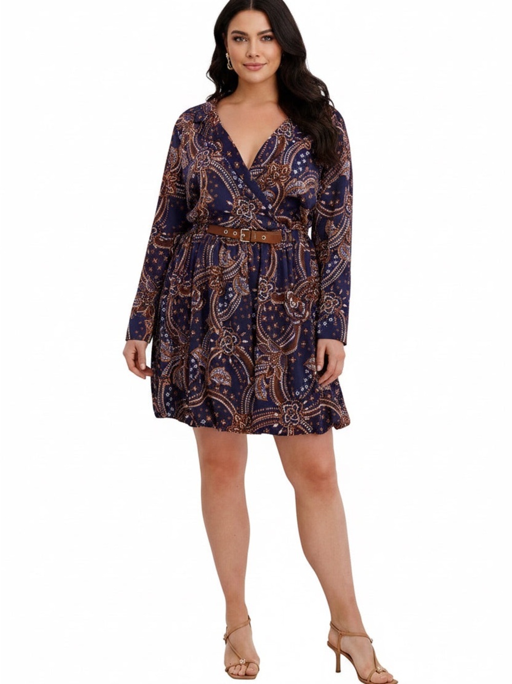 Kensie Navy and Brown Paisley Wrap Mini Dress